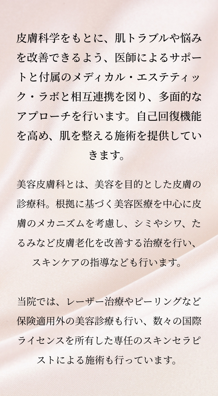 医療における皮膚科学をもとに、肌トラブルや悩みを改善できるよう付属のメディカルエステティックラボと相互連携を図り、医師によるサポートのもと、多面的なアプローチで肌を育み自己回復機能を高め整えるスキンケアを提供していきます。「美容皮膚科」は、美肌を生み出す専門集団。皮膚の構造・メカニズムを熟知した美容皮膚科医が、皮膚の見た目の美的な質感にこだわり、メスを使わない美容医療で患者様の様々な“肌悩み”を解決していきます。当院では、ピーリングやレーザーによる治療など、保険適用外の美容診療も行っております。また、付属のメディカルエステティックラボでは国際ライセンス所有専任スキンセラピストによる肝班や毛穴のトリートメントを行っています。