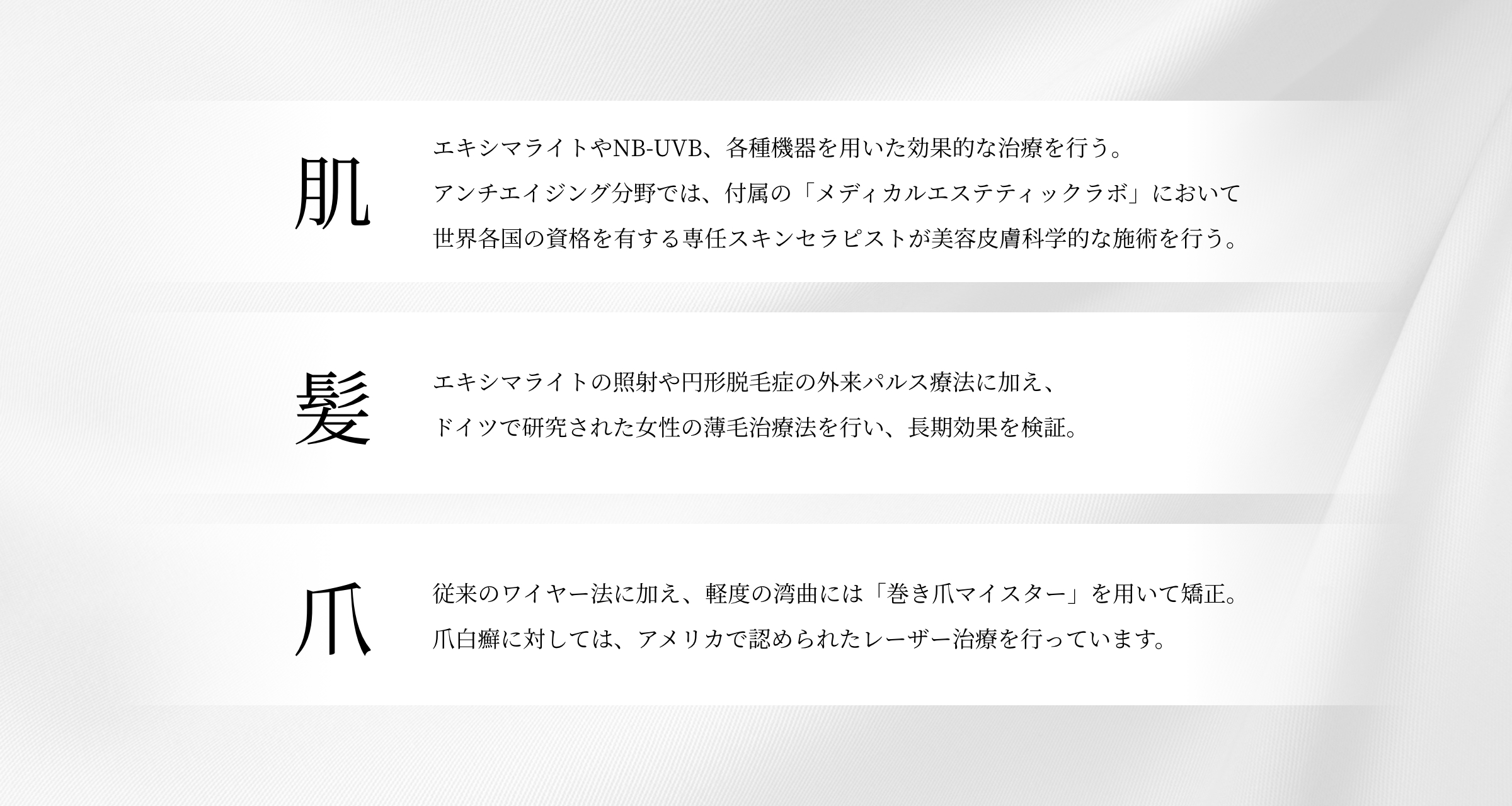 肌：エキシマレーザーやNB-UVB、各種機器を用いた効果的な治療を行う。アンチエイジング分野では、付属の「メディカルエステティックラボ」において世界各国の資格を有する専任スキンセラピストが皮膚科学的な施術を行う。 髪：医療用レーザーの照射や円形脱毛症の外来パルス療法に加え、ドイツで研究された女性の薄毛治療法を行い、長期効果を検証。 爪：従来のワイヤー法に加え、軽度の湾曲を矯正したり、再発予防のため、グラスファイバー製のB/Sブレイズを導入。アメリカで認められた爪白癬のレーザー治療の検証も行う。